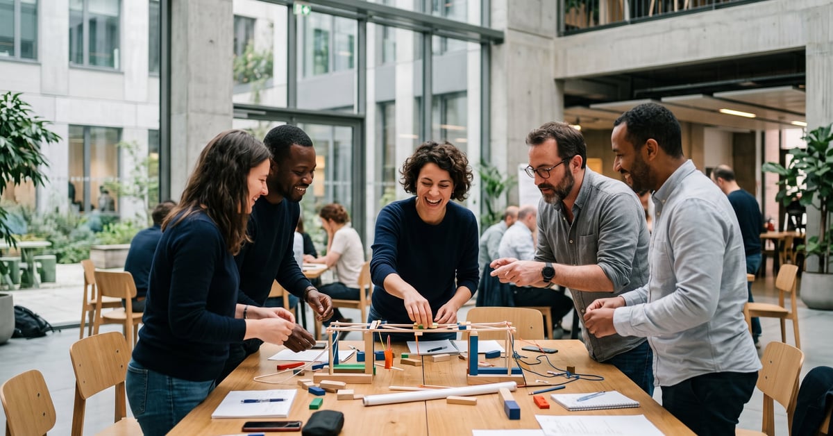 Groupe de collègues souriants participant à une activité de team building en entreprise