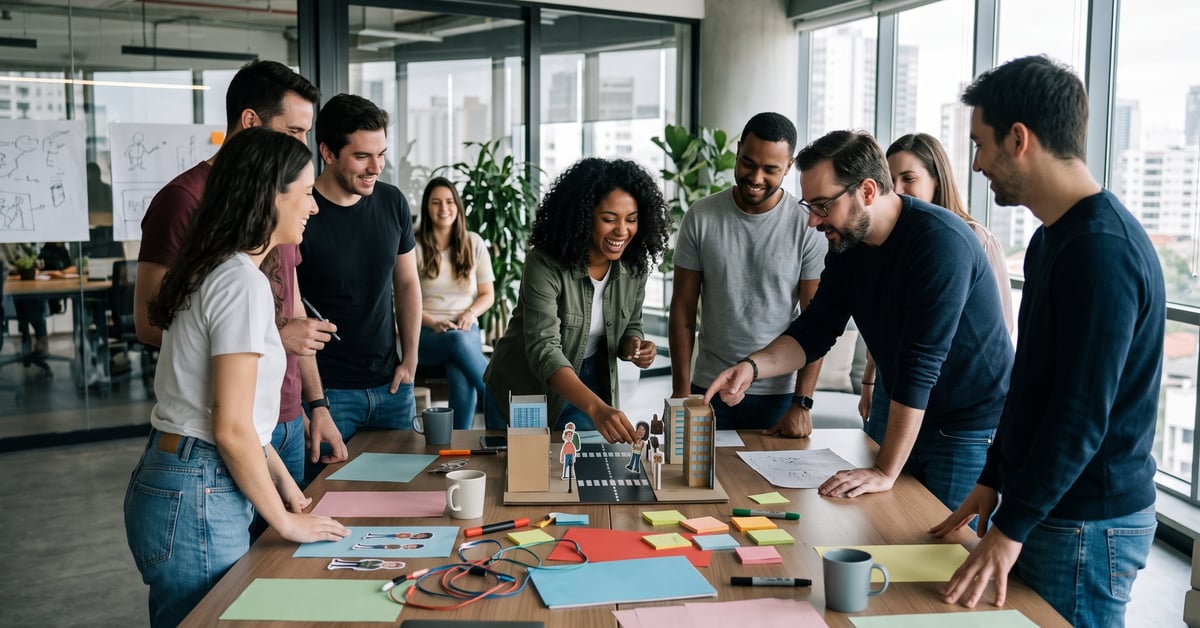 Animation team building : groupe de collègues engagés dans une activité collaborative en entreprise