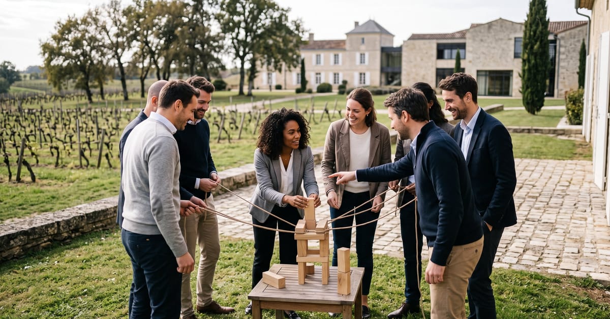 Activité de team-building en plein air à Bordeaux, équipe soudée lors d'un atelier collaboratif