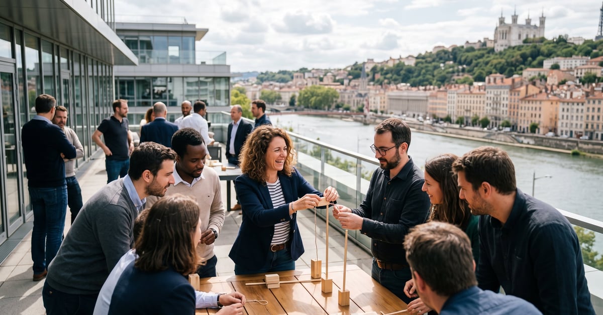 Team building Lyon : groupe de collègues engagés dans une activité collaborative en plein air
