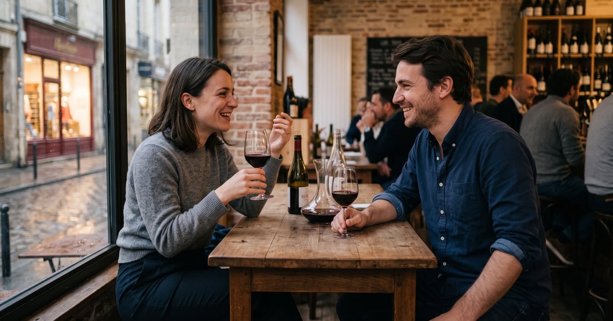 Afterwork à Bordeaux : groupe de collègues qui se retrouvent autour de verres dans un bar moderne