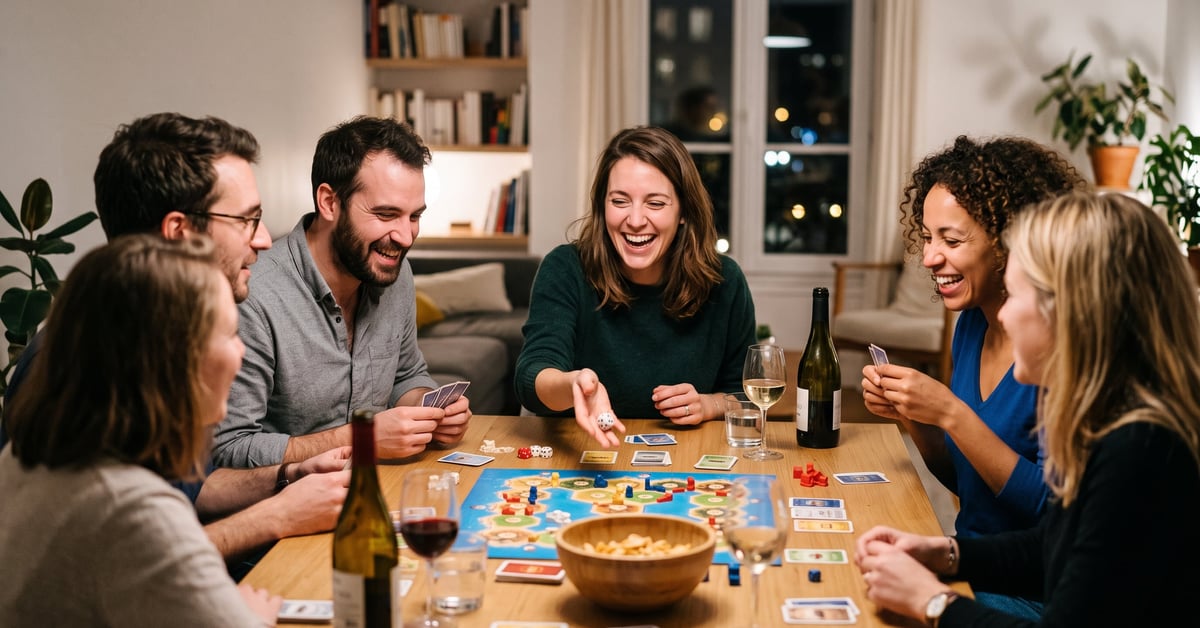 Idée jeux pour soirée entre amis autour d'une table avec jeux de société et boissons