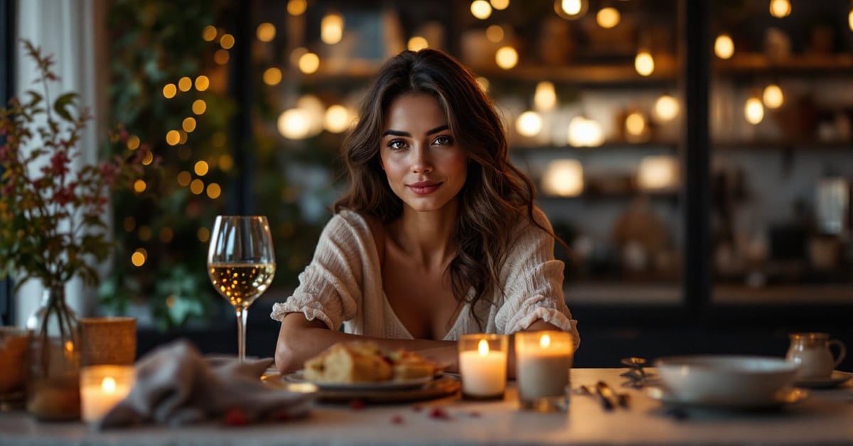 Idée pour soirée romantique : table dressée aux bougies avec vin et pétales de roses