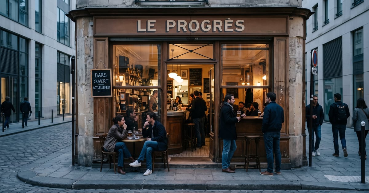 Bar ouvert actuellement avec clients attablés, ambiance chaleureuse en soirée