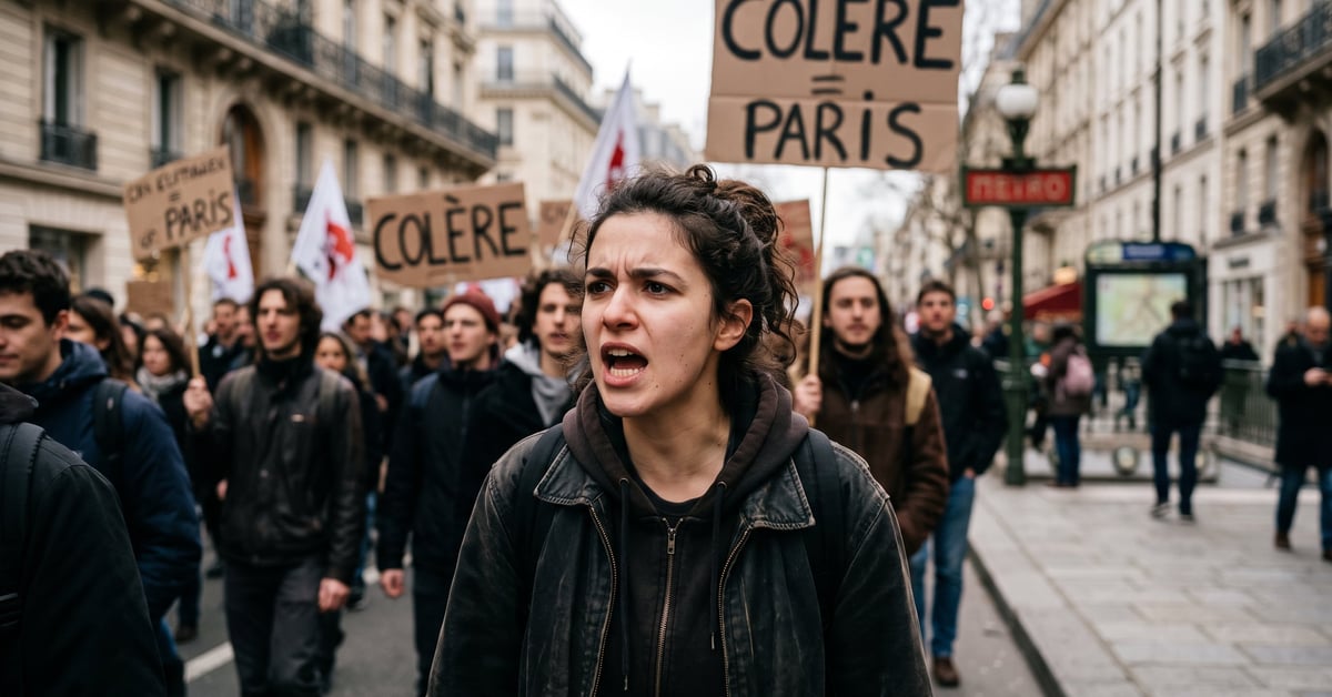 Scène de stress urbain à Paris, passants tendus dans la rue, colère du quotidien en ville