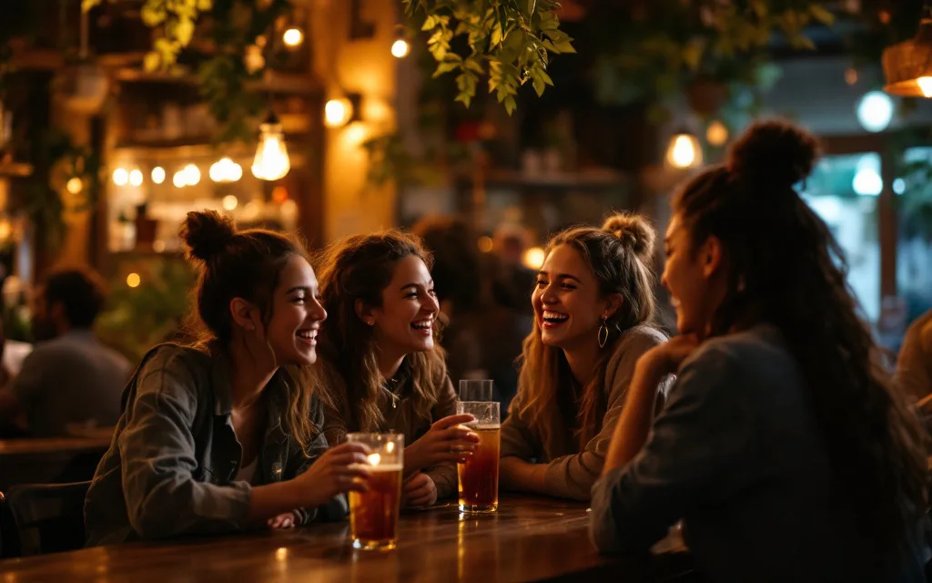 Groupe d'amis riant ensemble autour d'un verre dans un bar en soirée