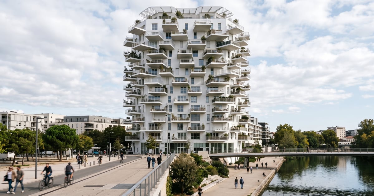 L'Arbre Blanc de Montpellier, tour résidentielle emblématique aux balcons fleuris surplombant la ville